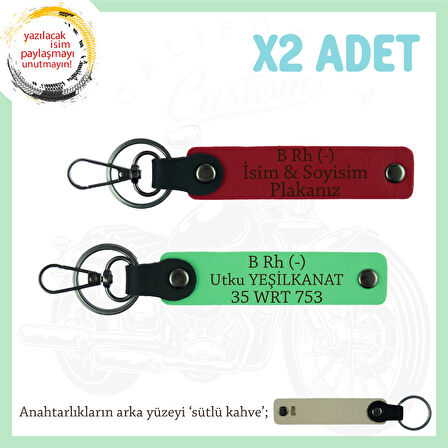Biker Stiline Özel, İsim Plaka ve B- Kan Grubu Yazılı Anlamlı Motor x2 Anahtarlık, Kırmızı-Mavi-SK