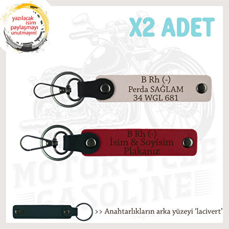 Otomobile İsim Plaka ve B Rh (-) Kan Grubu Yazılı Kişiye Özel x2 Anahtarlık Set, Kırmızı-Pudra-Laci