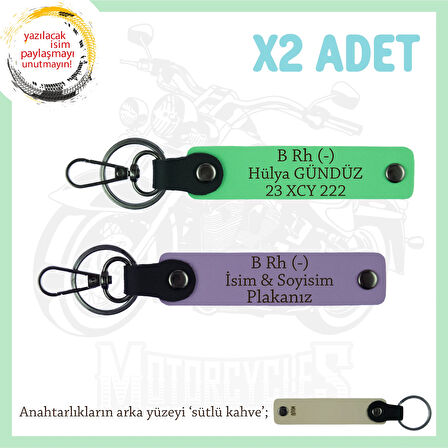 Bikerlar İçin Özel, İsim Plaka ve B Rh (-) Kan Grubu Yazılı Hediye x2 Anahtarlık Set, Mor-F Yeşil-SK