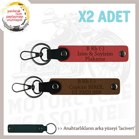 Biker Stiline Özel İsim Plaka, B Rh (-) Kan Grubu Yazılı Motor x2 Anahtarlık, Nar Çiçeği-Kahve-Laci