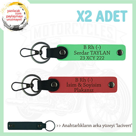 Motosiklet Severlere, İsim Plaka ve B Rh (-) Kan Grubu Yazılı x2 Anahtarlık, Nar Çiçeği-F Yeşil-Laci