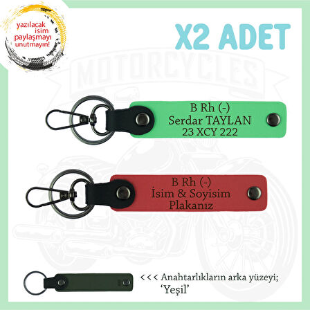 Motosiklet Severlere, İsim Plaka ve B Rh (-) Kan Grubu Yazılı x2 Anahtarlık, Nar Çiçeği-F Yeşil-Ysl