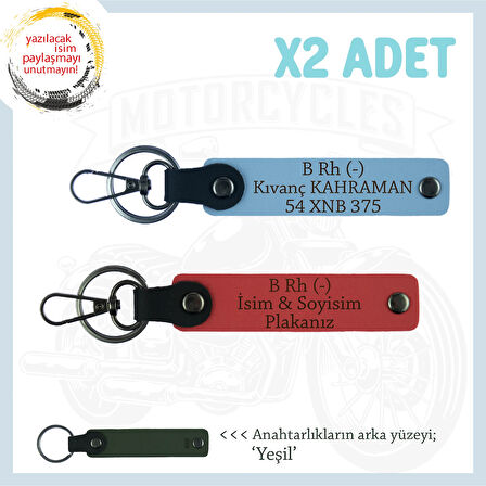 Yol Arkadaşları İçin, İsim Plaka ve B- Kan Grubu Kişiye Özel x2 Anahtarlık Set, Nar Çiçeği-Mavi-Ysl