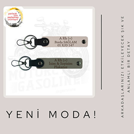 Yol Arkadaşları İçin, İsim Plaka ve B- Kan Grubu Kişiye Özel x2 Anahtarlık Set, Nar Çiçeği-Mavi-Ysl