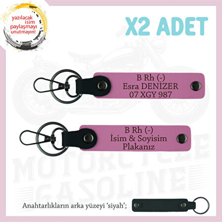 Yol Tutkunlarına İsim Plaka ve B Rh (-) Kan Grubu Yazılı Kişiselleştirilmiş x2 Anahtarlık, Pembe-Syh
