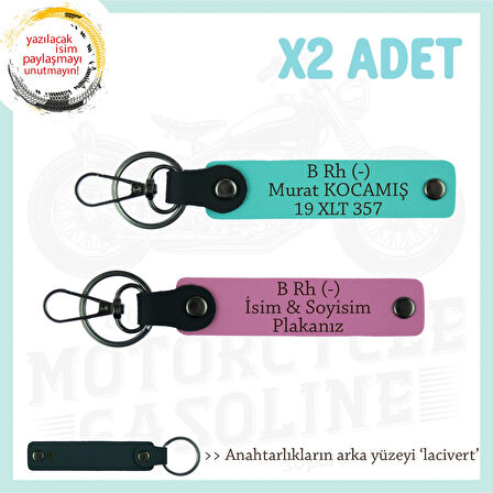 Macera Aşıklarına Özel, İsim Plaka ve B Rh (-) Kan Grubu Yazılı x2 Anahtarlık, Pembe-Turkuaz-Laci