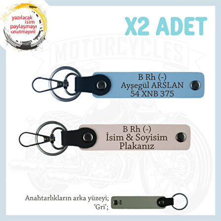 Motorcu Tarzına Özel, İsim Plaka ve B Rh (-) Kan Grubu Yazılı Hediyelik x2 Anahtarlık, Pudra-Mavi-Gr