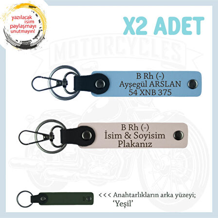 Motorcu Tarzına Özel İsim Plaka ve B Rh (-) Kan Grubu Yazılı Hediyelik x2 Anahtarlık, Pudra-Mavi-Ysl