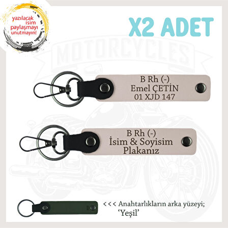 Motosiklet Maceracılarına İsim Plaka ve B Rh (-) Kan Grubu Yazılı Deri x2 Anahtarlık Seti, Pudra-Ysl