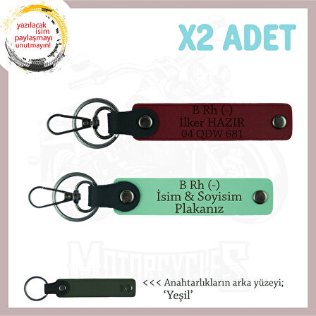 Motorcu Dostlara Özel, İsim Plaka ve B Rh (-) Kan Grubu Yazılı x2 Anahtarlık Set, Yeşil-Bordo-Ysl