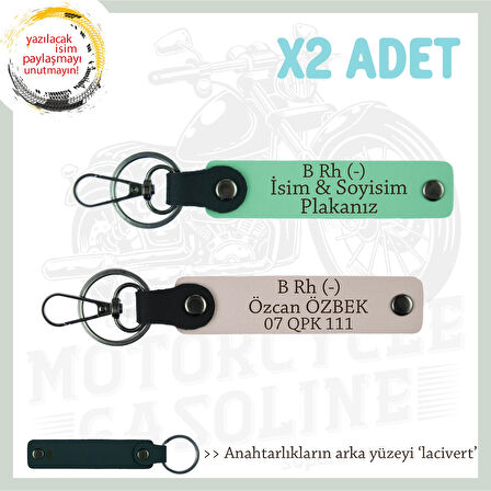 Sürücülere Özel, İsim Plaka ve B Rh (-) Kan Grubu Hediyelik x2' li Anahtarlık Set, Yeşil-Pudra-Laci