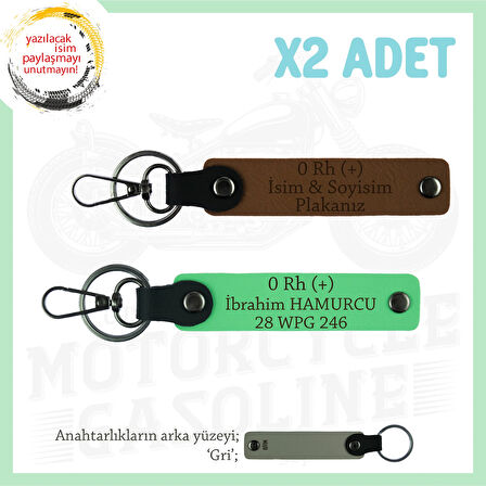 Bikerlar İçin İsim Plaka 0 Rh (+) Kan Grubu Yazılı Özel Tasarım x2 Anahtarlık Set, Kahve-F Yeşil-Gr