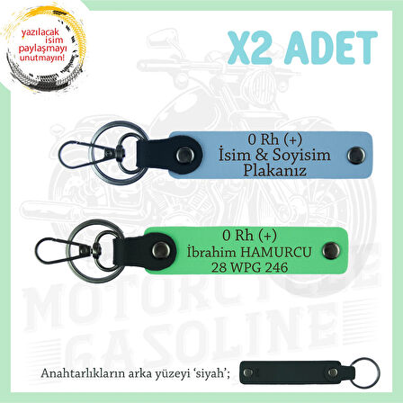 Biker Dostlarına, İsim Plaka ve 0 Rh (+) Kan Grubu Yazılı, Motor x2' li Anahtarlık, Mavi-F Yeşil-Syh