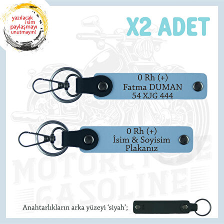 Yol Arkadaşlarına, İsim Plaka ve 0 Rh + Kan Grubu Yazılı Acil Durum x2 Anahtarlık Takımı, Mavi-Syh