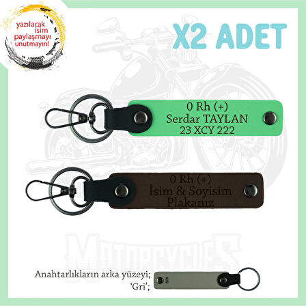 Hız Severlere İsim Plaka ve 0 Rh (+) Kan Grubu Yazılı Motorcu x2 Anahtarlık Set, K Kahve-F Yeşil-Gr