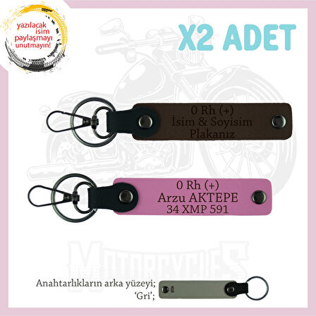 Motosiklet Aşıklarına İsim Plaka ve 0 Rh (+) Kan Grubu, Acil Durum Anahtarlığı x2, K Kahve-Pembe-Gr