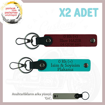 Motorcu Yolculara İsim Plaka ve 0 Rh (+) Kan Grubu Güvenli Sürüş Anahtarlığı x2, K Turkuaz-Bordo-Gr