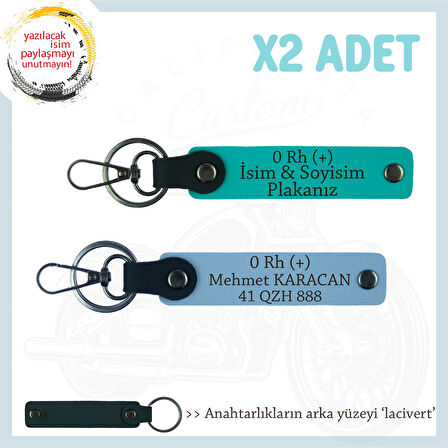 Sürücülere İsim Plaka ve 0 Rh (+) Kan Grubu Yazılı Kişiselleşmiş x2 Anahtarlık, K Turkuaz-Mavi-Laci