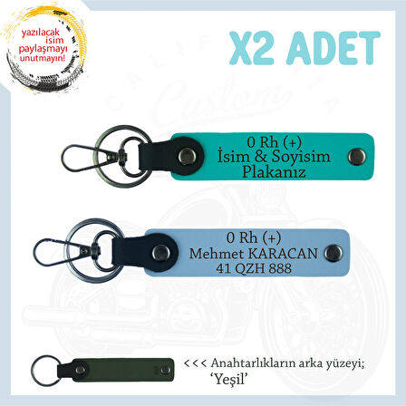 Yolların Sürücülerine İsim Plaka ve 0 Rh (+) Kan Grubu Yazılı x2 Deri Anahtarlık, K Turkuaz-Mavi-Ysl