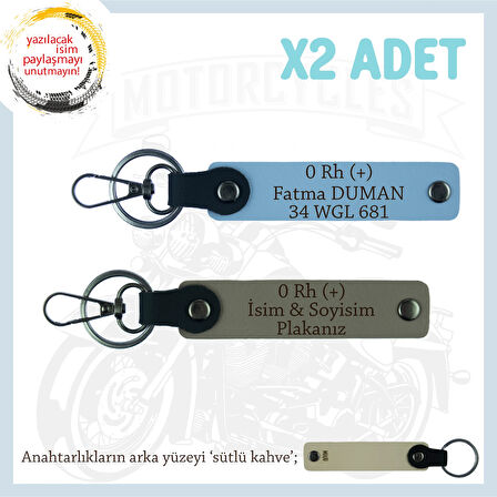 Motosiklet Aşıkları İçin, İsim Plaka ve 0 Rh (+) Kan Grubu Yazılı x2 Anahtarlık Set, Kül Gri-Mavi-SK