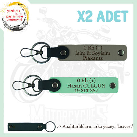 Hız Aşıkları İçin İsim Plaka, 0 Rh (+) Kan Grubu Yazılı Hediyelik x2 Anahtarlık, Kül Gri-Yeşil-Laci