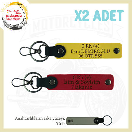 Motor Severlere Özel, İsim Plaka ve 0 Rh (+) Kan Grubu Yazılı x2 Anahtarlık Hediye, Kırmızı-Sarı-Gr
