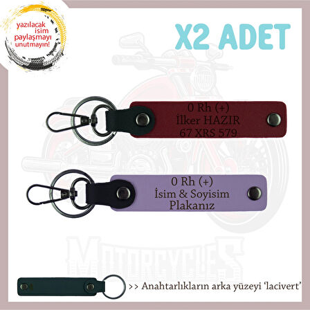Bikerlar İçin Özel Hediye, İsim Plaka ve 0 Rh (+) Kan Grubu Yazılı x2 Anahtarlık, Mor-F Yeşil-Laci