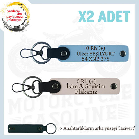 Motorcu Tarzına Özel İsim Plaka, 0 Rh (+) Kan Grubu Yazılı Hediyelik x2 Anahtarlık, Pudra-Mavi-Laci