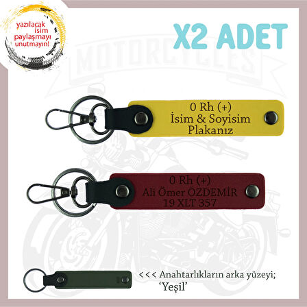 Motor Kullananlara İsim Plaka ve 0 Rh (+) Kan Grubu Yazılı Özel Üretim x2 Anahtarlık, Sarı-Bordo-Ysl