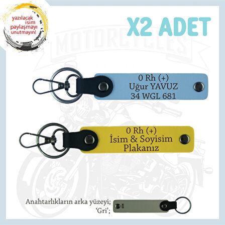 Hız Severlere Özel Armağan, İsim Plaka ve 0 Rh (+) Kan Grubu Yazılı Deri x2 Anahtarlık, Sarı-Mavi-Gr