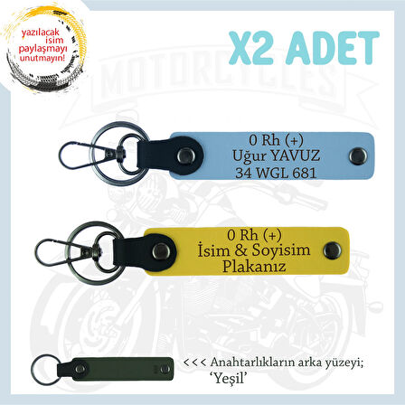 Hız Severlere Özel, İsim Plaka ve 0 Rh (+) Kan Grubu Yazılı Deri 2'li Set Anahtarlık, Sarı-Mavi-Ysl