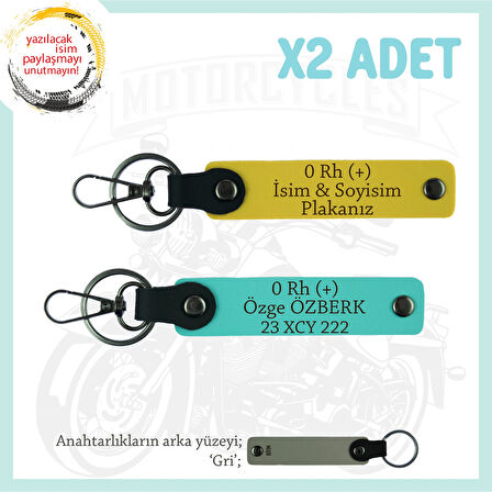 Motor Severlere İsim Plaka ve 0 Rh (+) Kan Grubu Yazılı Özel Tasarım x2 Anahtarlık, Sarı-Turkuaz-Gr