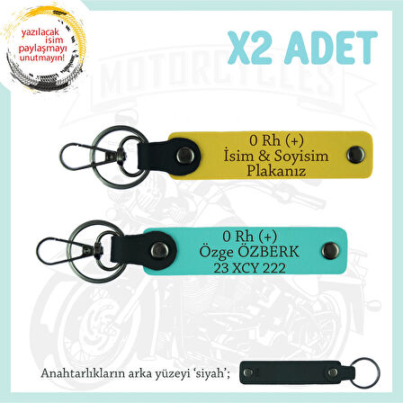 Motor Severlere İsim Plaka ve 0 Rh (+) Kan Grubu Yazılı Özel Tasarım x2 Anahtarlık, Sarı-Turkuaz-Syh