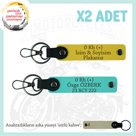 Motor Severlere, İsim Plaka ve 0 Rh (+) Kan Grubu Yazılı Özel Tasarım x2 Anahtarlık, Sarı-Turkuaz-SK