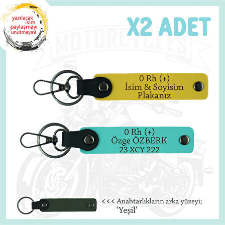 Motor Severlere İsim Plaka ve 0 Rh (+) Kan Grubu Yazılı Özel Tasarım x2 Anahtarlık, Sarı-Turkuaz-Ysl
