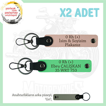 Motor Severlere Özel, İsim Plaka ve 0 Rh (+) Kan Grubu Yazılı x2 Anahtarlık, Yavruağzı-F Yeşil-Gr