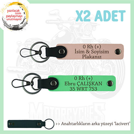 Motor Severlere Özel, İsim Plaka ve 0 Rh (+) Kan Grubu Yazılı x2 Anahtarlık, Yavruağzı-F Yeşil-Laci