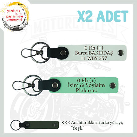 Hız Tutkununa Özel İsim Plaka ve 0 Rh (+) Kan Grubu Yazılı, Deri x2 Anahtarlık Set, Yeşil-Beyaz-Ysl