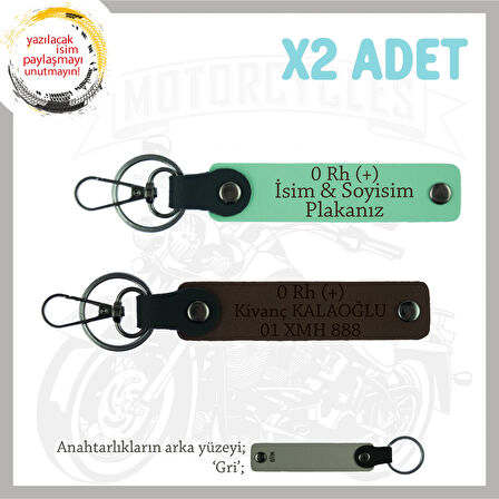 Motor Tutkunlarına Özel, İsim Plaka ve 0 Rh (+) Kan Grubu Yazılı x2 Anahtarlık, Yeşil-K Kahve-Gr
