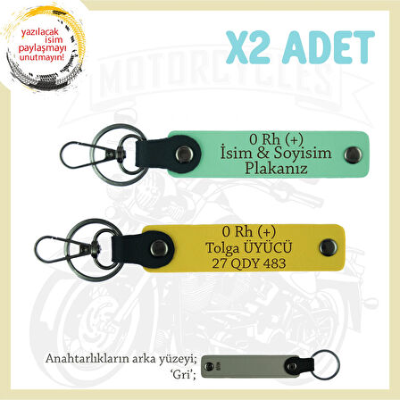 Motosiklet Severlere Özel, İsim Plaka ve 0 Rh (+) Kan Grubu Yazılı x2 Anahtarlıkları, Yeşil-Sarı-Gr