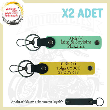 Motosiklet Severlere Özel, İsim Plaka ve 0 Rh (+) Kan Grubu Yazılı x2 Anahtarlıkları, Yeşil-Sarı-Syh