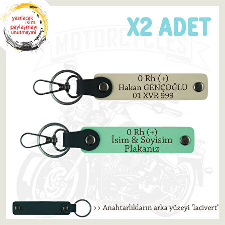 Çok Sevdiğine Özel İsim Plaka, 0 Rh + Kan Grubu Yazılı Kişisel x2 Anahtarlık Set, Yeşil-S Kahve-Laci