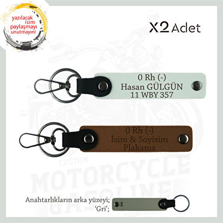 Motorculara Özel, İsim Plaka ve 0(-) Kan Grubu Yazılı Kişisel, x2' li Anahtarlık Set, Kahve-Beyaz-Gr