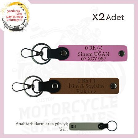 Motosiklet Aşıkları İçin, İsim Plaka ve 0 (-) Kan Grubu Yazılı Kişisel x2 Anahtarlık, Kahve-Pembe-Gr