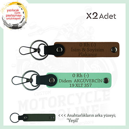 Motosiklet Severlere, İsim Plaka ve 0 Rh - Kan Grubu Yazılı, Motorcu x2 Anahtarlık, Kahve-Yeşil-Ysl