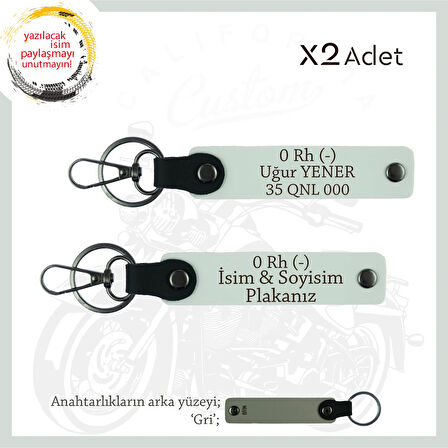 Motor Stiline Uygun İsim Plaka ve 0 - Kan Grubu Yazılı Hediyelik Deri x2 Anahtarlık Seti, Beyaz-Gr