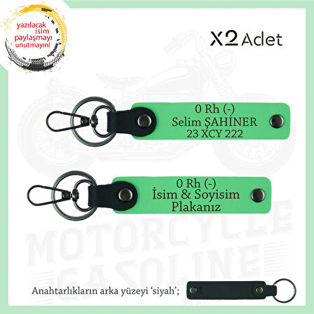 Motosiklet Tutkunlarına, İsim Plaka ve 0 (-) Kan Grubu Yazılı Acil Durum x2 Anahtarlık, F Yeşil-Syh