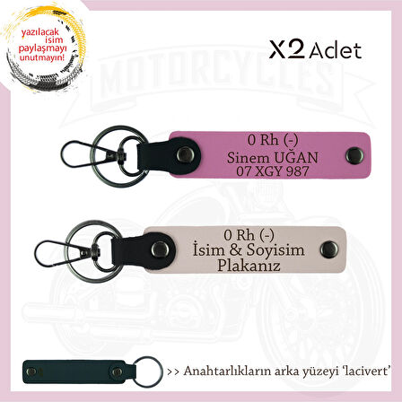 Motorcuya, İsim Plaka ve 0 Rh (-) Kan Grubu Yazılı Özel Tasarım Deri x2 Anahtarlık, Pudra-Pembe-Laci