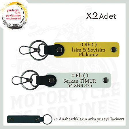 Sürücülere Özel, İsim Plaka ve 0 Rh (-) Kan Grubu Yazılı Hediye x2 Set Anahtarlık , Sarı-Beyaz-Laci