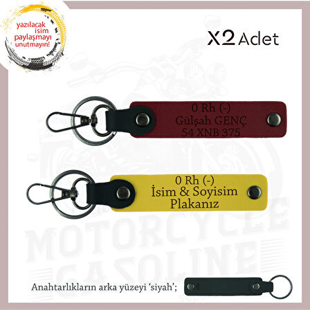 Motor Tutkunlarına İsim Plaka ve 0 Rh (-) Kan Grubu Yazılı Özel Üretim x2 Anahtarlık, Sarı-Bordo-Syh